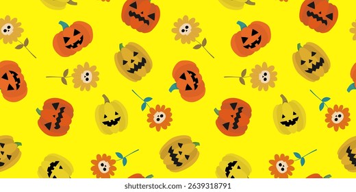bright halloween seamless pattern yellow background jack o lantern pumpkins skull flowers fun festive holiday digital web design