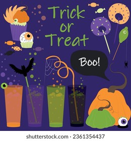 bright halloween set of food and drinks, Trick or treat lettering, design elements for Halloween