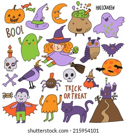 Bright Halloween set in vector. A lot of scary holiday symbols in cute cartoon style