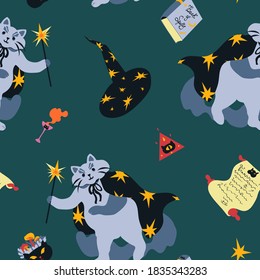 Bright Halloween vector seamless pattern with wizard cat and his magical items on dark turquoise background