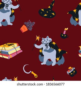 Bright Halloween vector seamless pattern with wizard cat and his magical items on dark red background