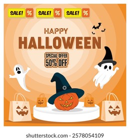 Bright, Halloween-themed ads featuring pumpkins, ghosts, and sale labels promoting fifty percent off, emphasized seasonal decorations and shopping deals. Flat vector modern illustration 