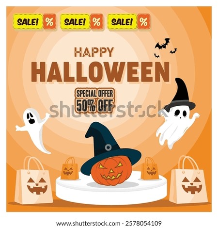 Bright, Halloween-themed ads featuring pumpkins, ghosts, and sale labels promoting fifty percent off, emphasized seasonal decorations and shopping deals. Flat vector modern illustration 