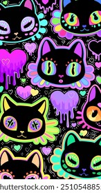 Cabezas de gato brillantes y alucinógenas sobre fondo negro. Ilustración vectorial