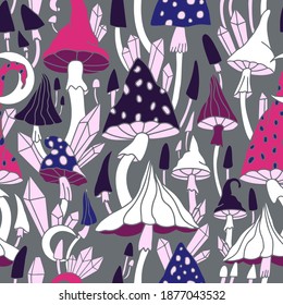 Bright, hallucinogenic, decorative, fantastic mushrooms. Vector pattern where each mushroom has its own pattern. Psychedelic mushroom seamless pattern on gray background backdrop. Vector hand drawn
