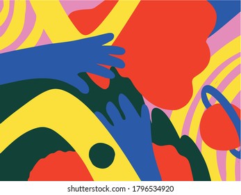 Bright hand drawn abstract illustration with rainbow hands and planets