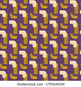 Bright hand drawn abstract shapes seamless pattern. Yellow and white figure ornament on purple background. Great for wallpaper, textile, wrapping paper, fabric print. Vector illustration.