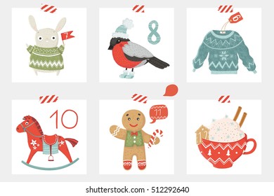Bright hand drawn advent calendar. Six days of christmas. One of the four parts of the calendar. 