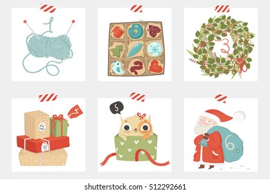 Bright hand drawn advent calendar. Six days of christmas. One of the four parts of the calendar. 