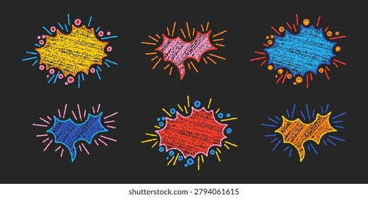 Bright hand drawn chalk burst speech bubbles with explosive rays and scribble texture on black background. Playful colorful set of unique comic dialogue shapes in childish style.