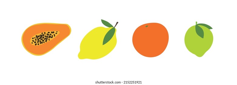 Bright hand drawn citrus fruits. Flat design. Colorful tropical set: papaya, lemon, orange, lime. Vector illustration