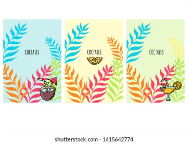 Bright hand drawn coctail bar card set. Detailed trendy style images. Modern sketch elements collection for packaging or cards design.