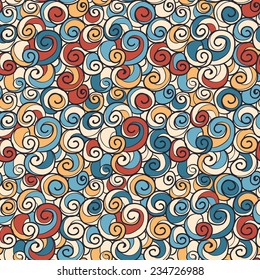 Bright hand drawn colorful swirls seamless background pattern