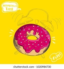 Bright hand drawn donut and alarm clock. Breakfast time concept.  Vector food illustration