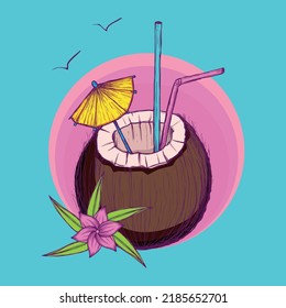 Bright hand drawn exotic coconut cocktail with flower. Vector Illustration