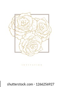 Bright Hand Drawn Floral Vector Invitation. Golden Roses in Simple Gray Frame. White Background. Lovely Elegant Pastel Color Design. Adorable Bouquet of Three Roses. 