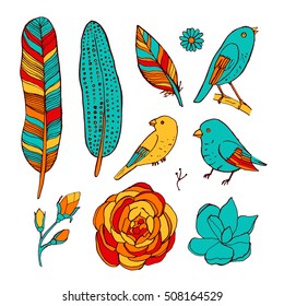Bright hand drawn floral vintage doodle set with birds and flowers