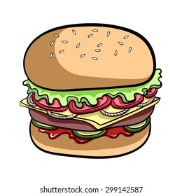Bright hand drawn hamburger on the white background. Vector illustration. 10 EPS
