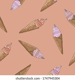 Bright hand drawn ice creams with fruit tasties on calm pink-orange background. Seamless  doodle summer food pattern. Suitable for packaging, poster, banner.