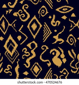 Bright hand drawn ikat pattern. African, Arabic, Indian, Indonesian motifs. Ethnic textile collection. Colorful on black.
