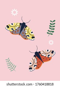 Bright hand drawn illustration. Isolated Arctia Tiger moths with green leaves, brunches, floowers and shapes on a pink background. Space for your text or design.Botanical template.