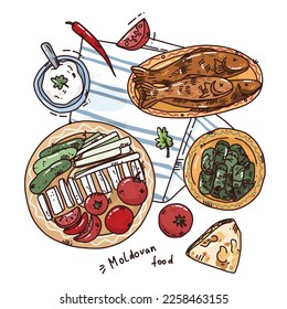 Bright hand drawn illustration of national moldovan food. Cute vector art