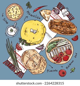 Bright hand drawn illustration of national Moldovan food. Cute vector art