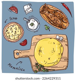 Bright hand drawn illustration of national Moldovan food. Cute vector art