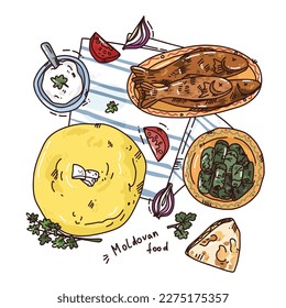 Bright hand drawn illustration of national Moldovan food. Cute vector art