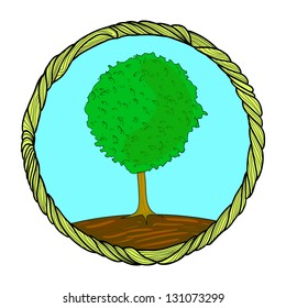 A bright hand drawn illustration of a tree on bright blue background in a round detailed inked frame. Would make a great logo for organic food business or cafe, or gardening related campaign.