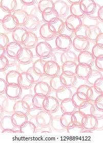 Bright Hand Drawn Irregular Circles Vector Pattern. Pink Sketched Wheels on a White Background. Pastel Color Simple Abstract Design. Abstract Sketched Rings.