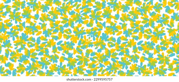 Patrón de vectores sin soldadura floral de mano brillante dibujado de forma irregular. Flores azules, amarillas y verdes aisladas en un fondo blanco. Sencillo Resumen De Diseño Repetible De Jardín. Colores Vivid Impresión Indefinida Floral.