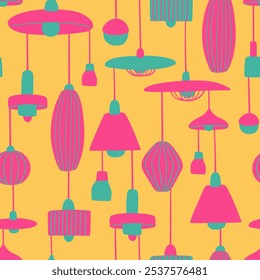 Bright hand drawn lamps seamless pattern. Different types of chandeliers on yellow background