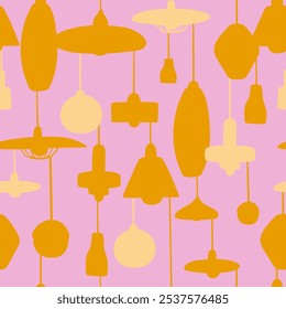 Bright hand drawn lamps seamless pattern. Different types of chandeliers on yellow background