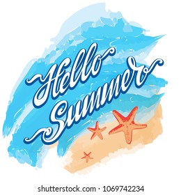 Bright hand drawn lettering "Hello summer" for posts in social networks, decoration, souveneers, t-shirt and towel prints, signboards, cards, baners and labels. 