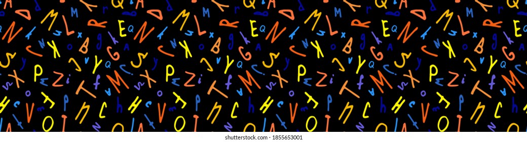 Bright hand drawn letters seamless pattern for fun. Nice vector repeated illustration on black background for child backpack, room wallpaper, greeting card, covering. EPS10 