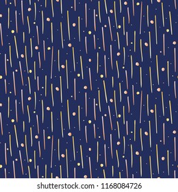 Bright hand drawn orange lines and dots on dark blue background seamless pattern. Abstract vector stroke texture for textile, wrapping paper, cover, surface, background, wallpaper