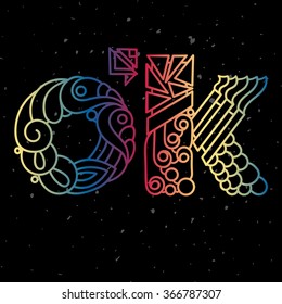 Bright hand drawn poster template with doodles elements in the form of letters on monochrome background. O'K.
