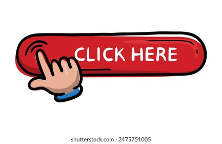 A bright hand drawn red button with the text click here and a hand icon. Vector element for website, application, design