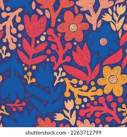 Helles, handgezeichnetes skandinavisches Muster. Blau, rosa, gelb, orangefarbene Blumen. Moderne, nahtlose Tapete-Oberflächen-Designkunst. Einfache nette Idee. Schöner strukturierter Hintergrund für ungewöhnliche kreative Dinge.
