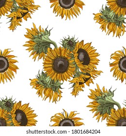 Bright hand drawn seamless pattern with sunflowers.