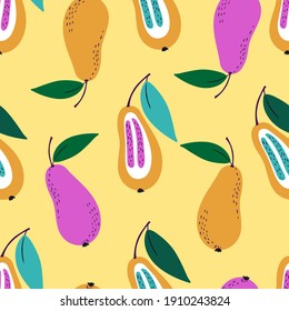 bright hand drawn seamless pattern with pears. Tropic fruits.  Simple background for textiles, wrapping paper, postcards and more
