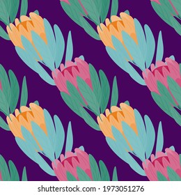 Bright hand drawn seamless pattern with yellow and pink protea flowers, ornament. Purple bright background. Perfect for fabric design, textile print, wrapping, cover. Vector illustration.