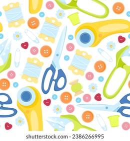Bright hand drawn seamless pattern of sewing tools