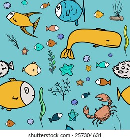 Bright hand drawn seamless pattern with water creatures. Underwater life texture. Vector illustration. 