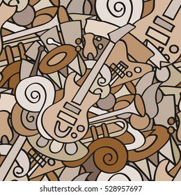 Bright hand drawn seamless pattern. Elements doodles. Abstract endless texture. Theme with musical instruments. In brown tones. For web design, fabrics, wallpaper, wrapper, cover art and more.