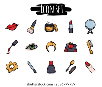 Bright hand drawn set of icons of makeup, manicure, womens accessories. Signs and symbols for the design of a beauty salon, advertising the services of a hairdresser, cosmetologist, makeup artist