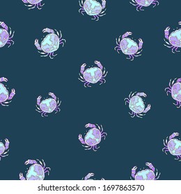 Bright hand drawn simple sea crabs of blue and purple colors on calm blue-turquoise background. Seamless underwater animal pattern.