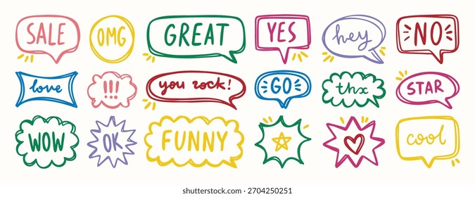 Burbujas de discurso dibujadas a mano brillantes con mensajes cortos y divertidos, Elementos decorativos para el diseño. Ilustración vectorial