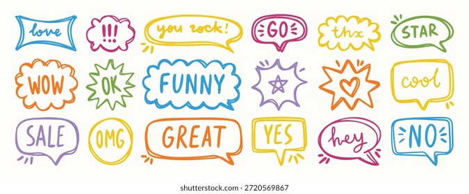 Bright hand drawn speech bubbles with short fun messages, decorative elements for design. Vector illustration
